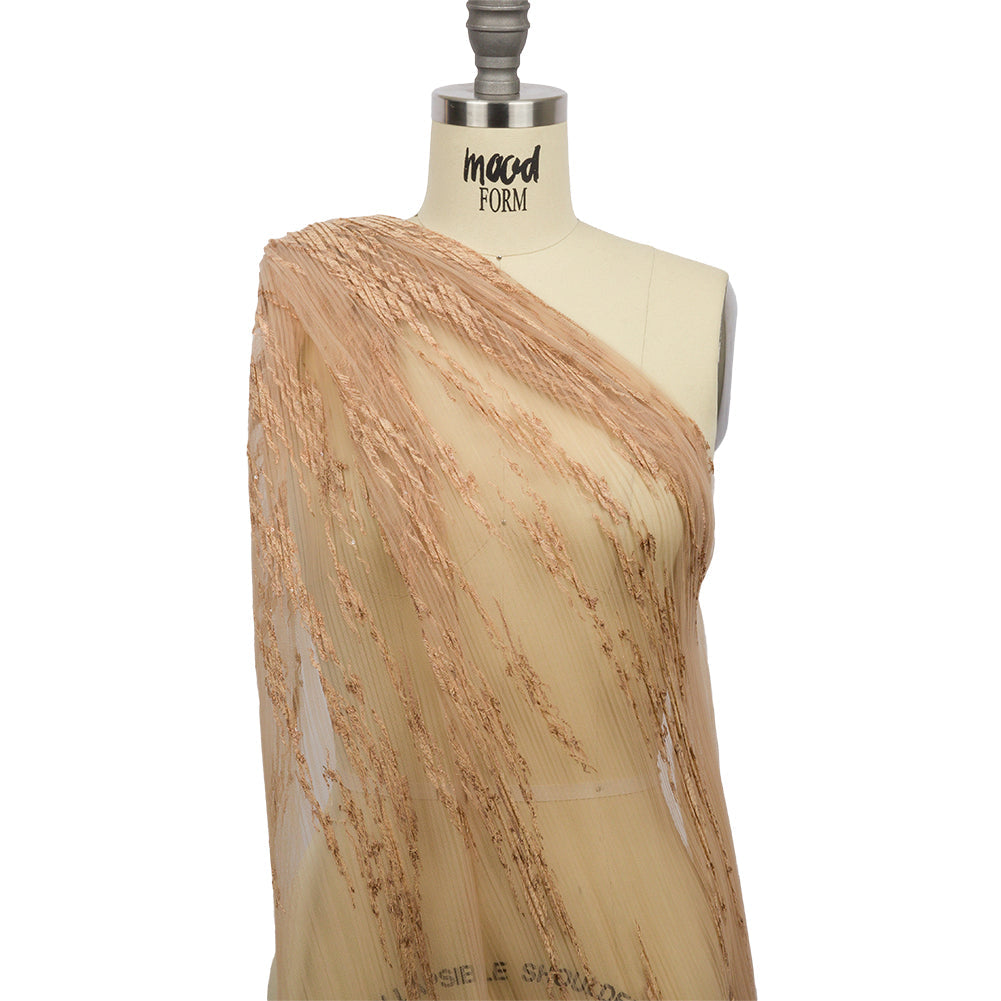 Embroidered Soft Pleated Tulle with Clear Baby Sequins - Caramel Abstract - Linden Collection