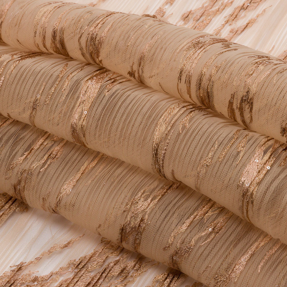 Embroidered Soft Pleated Tulle with Clear Baby Sequins - Caramel Abstract - Linden Collection