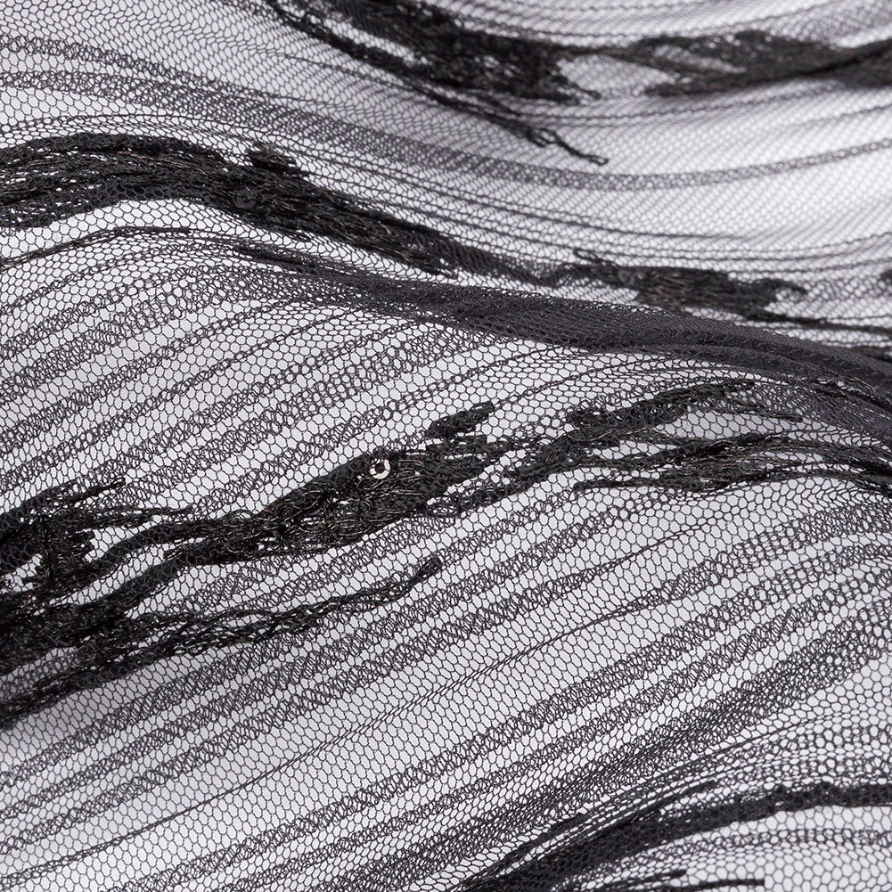 Embroidered Soft Pleated Tulle with Clear Baby Sequins - Black Abstract - Linden Collection