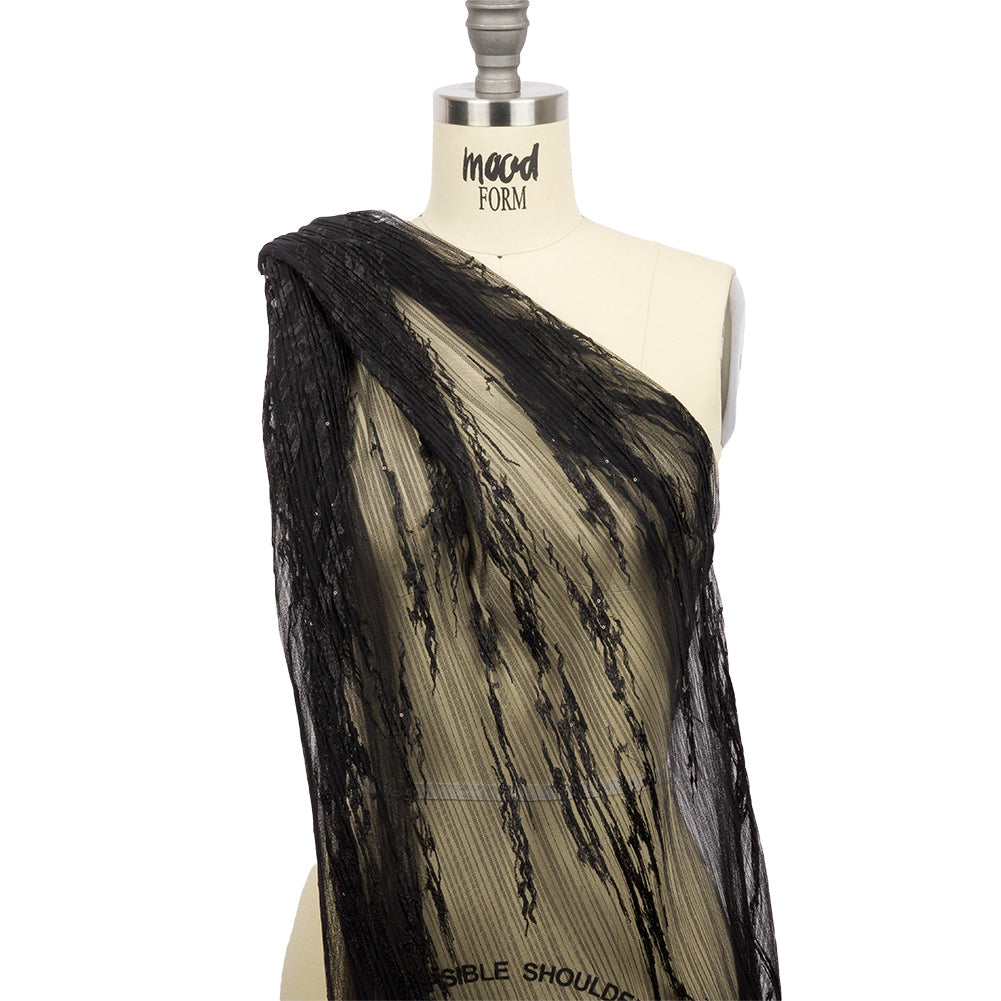 Embroidered Soft Pleated Tulle with Clear Baby Sequins - Black Abstract - Linden Collection