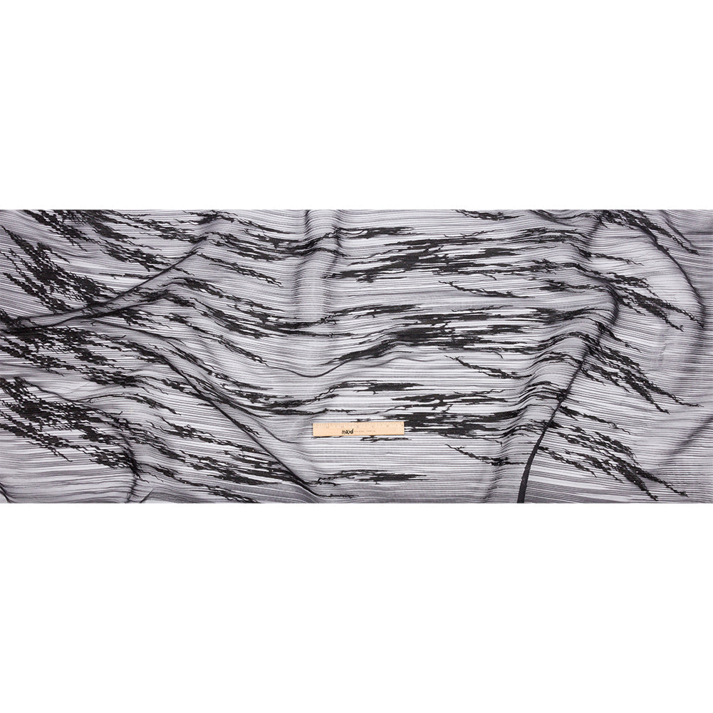 Embroidered Soft Pleated Tulle with Clear Baby Sequins - Black Abstract - Linden Collection