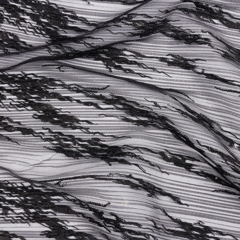 Embroidered Soft Pleated Tulle with Clear Baby Sequins - Black Abstract - Linden Collection