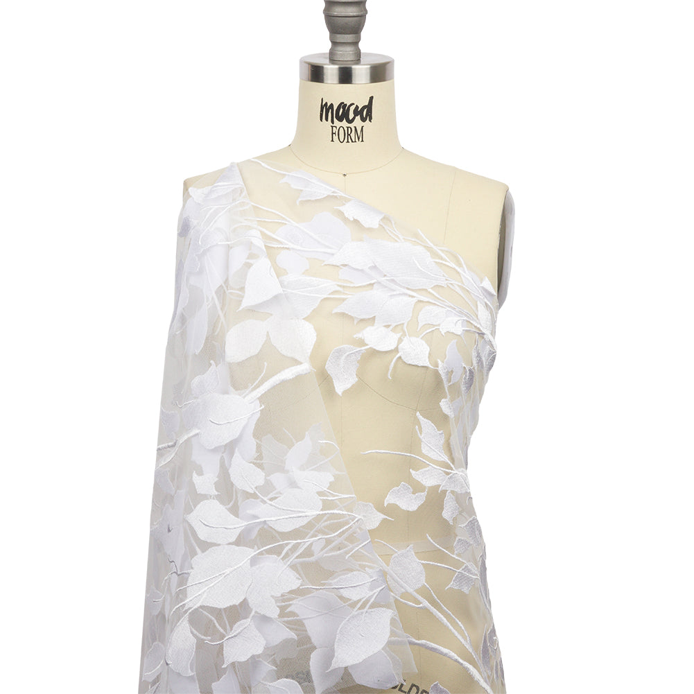 Embroidered Tulle Lace - White Leafy Branches - Magnolia Collection