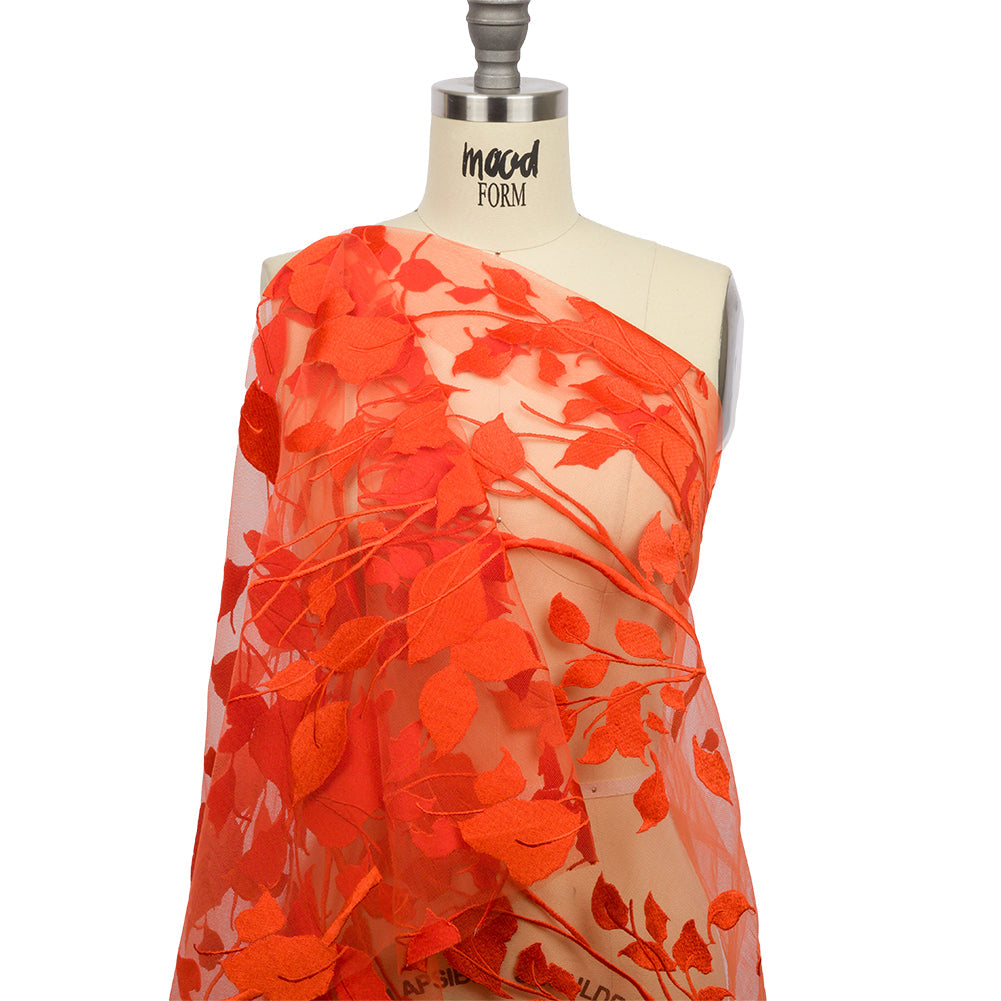 Embroidered Tulle Lace - Orange Leafy Branches - Magnolia Collection