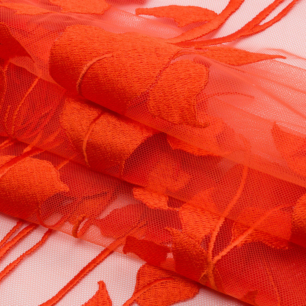 Embroidered Tulle Lace - Orange Leafy Branches - Magnolia Collection