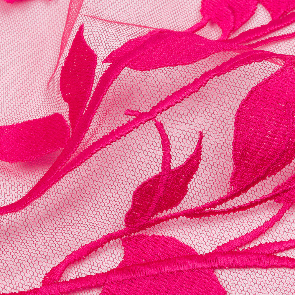 Embroidered Tulle Lace - Fuchsia Leafy Branches - Magnolia Collection