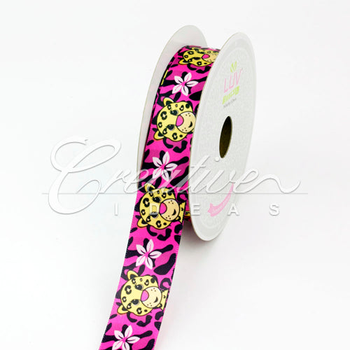 7/8" Satin Aloha Leopard Ribbon - 10 Yards (Hot Pink)