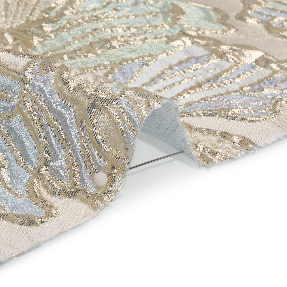Metallic Silver, Periwinkle and Baby Blue Liquid Leaves Luxury Brocade