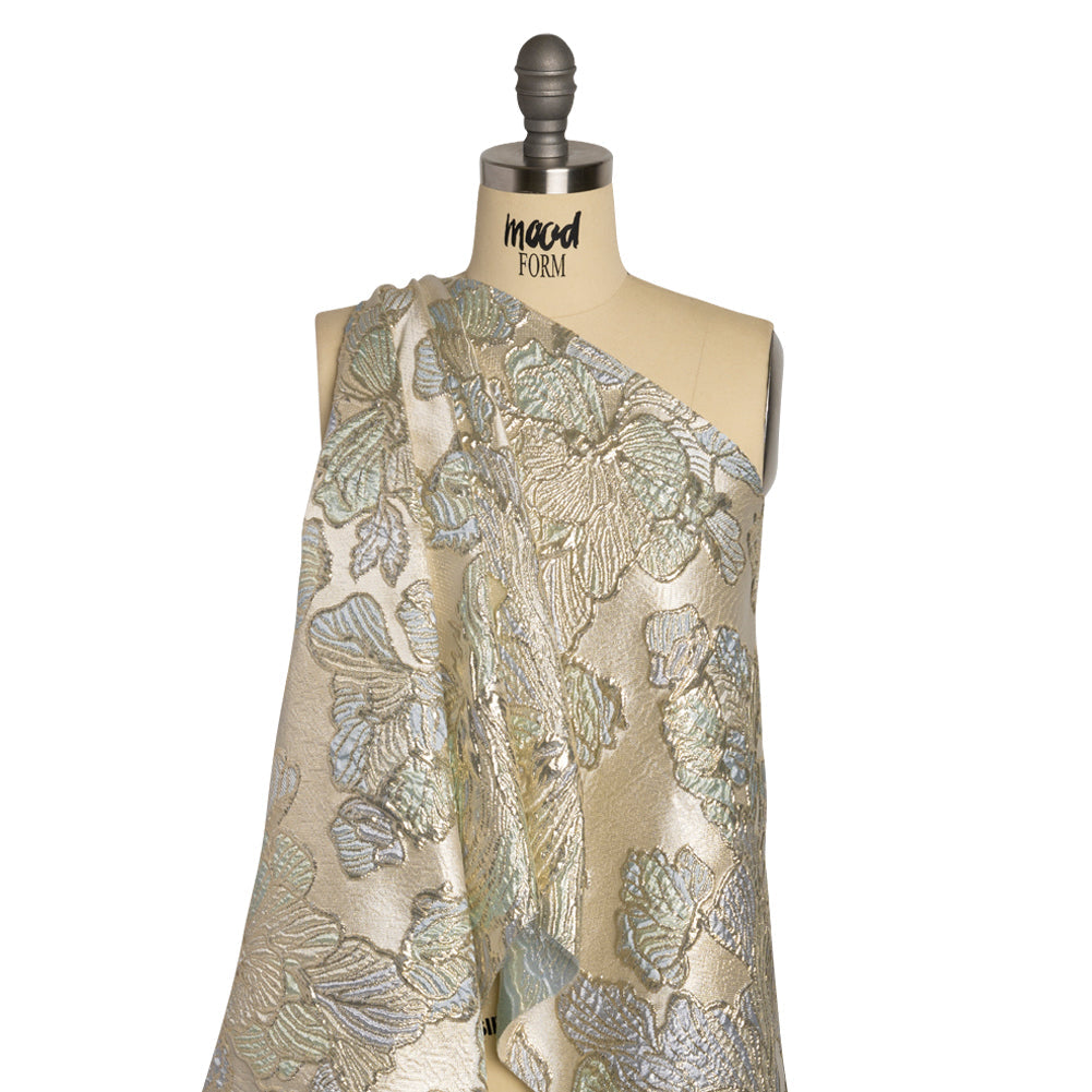 Metallic Silver, Periwinkle and Baby Blue Liquid Leaves Luxury Brocade