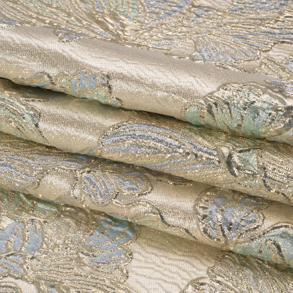Metallic Silver, Periwinkle and Baby Blue Liquid Leaves Luxury Brocade