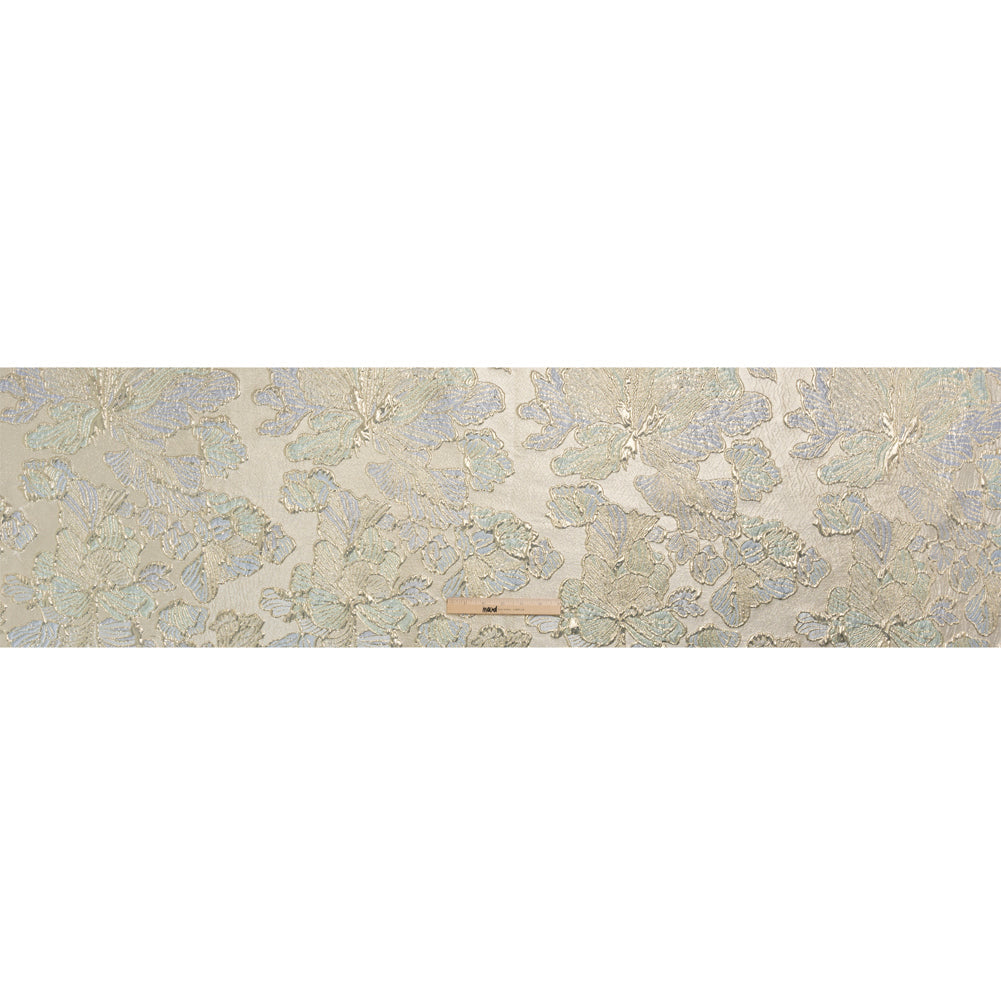 Metallic Silver, Periwinkle and Baby Blue Liquid Leaves Luxury Brocade