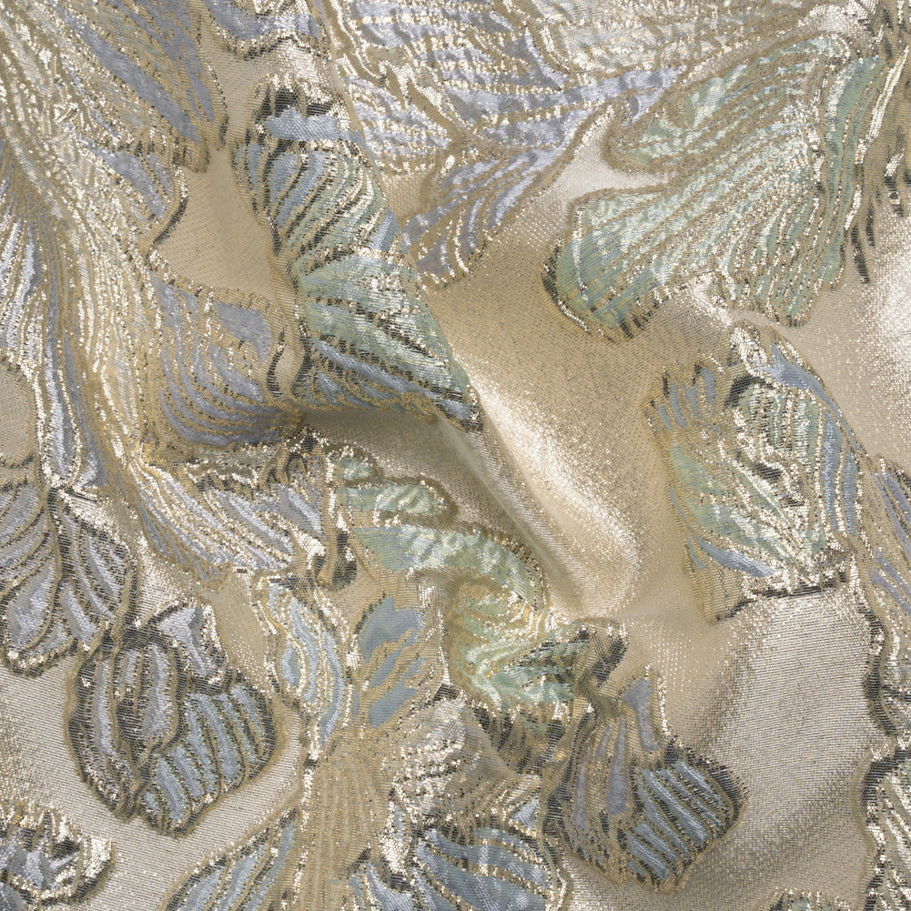 Metallic Silver, Periwinkle and Baby Blue Liquid Leaves Luxury Brocade