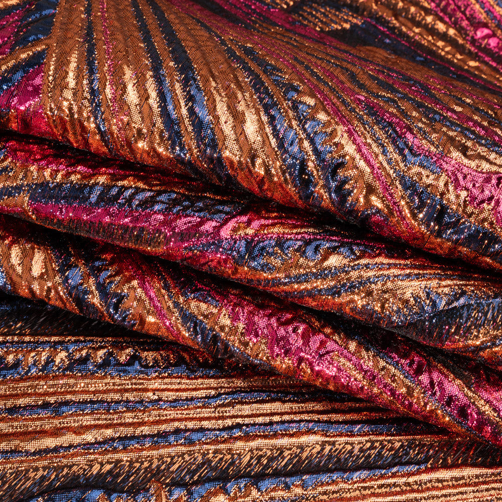 Metallic Orange, Hot Pink and Navy Radiating Lines Luxury Brocade