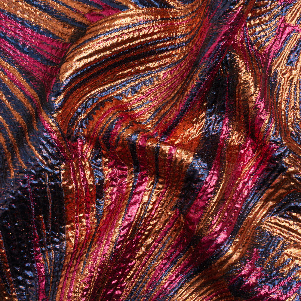 Metallic Orange, Hot Pink and Navy Radiating Lines Luxury Brocade
