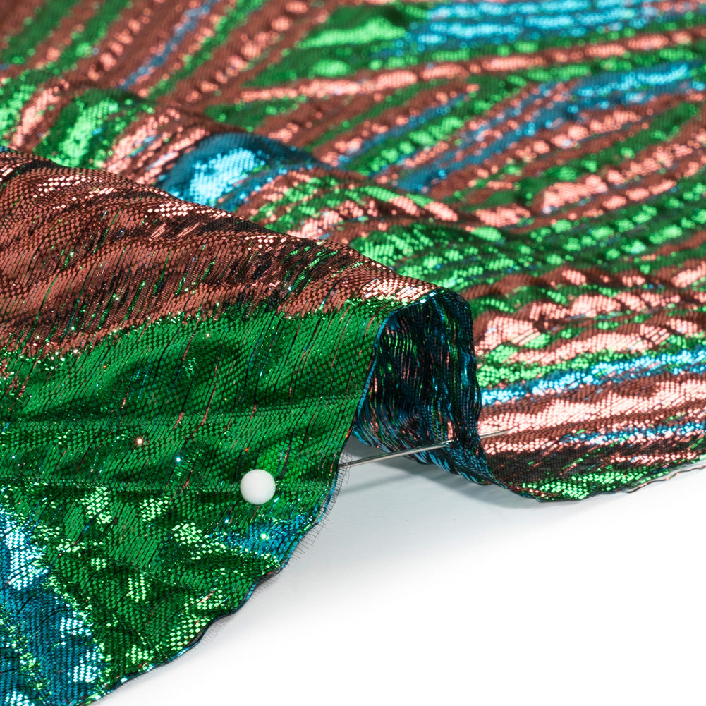 Metallic Copper, Kelly Green and Teal Radiating Lines Luxury Brocade