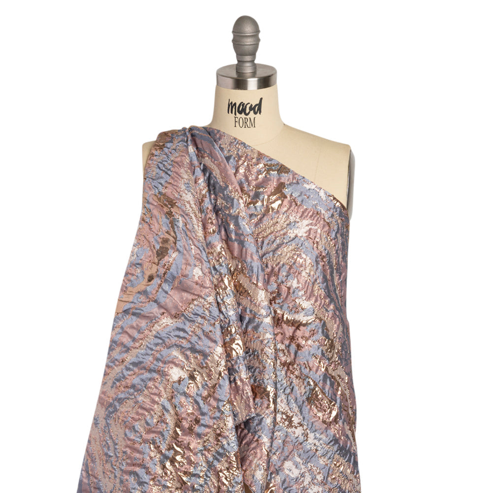 Metallic Gold, Mauve and Light Blue Abstract Waves Luxury Brocade