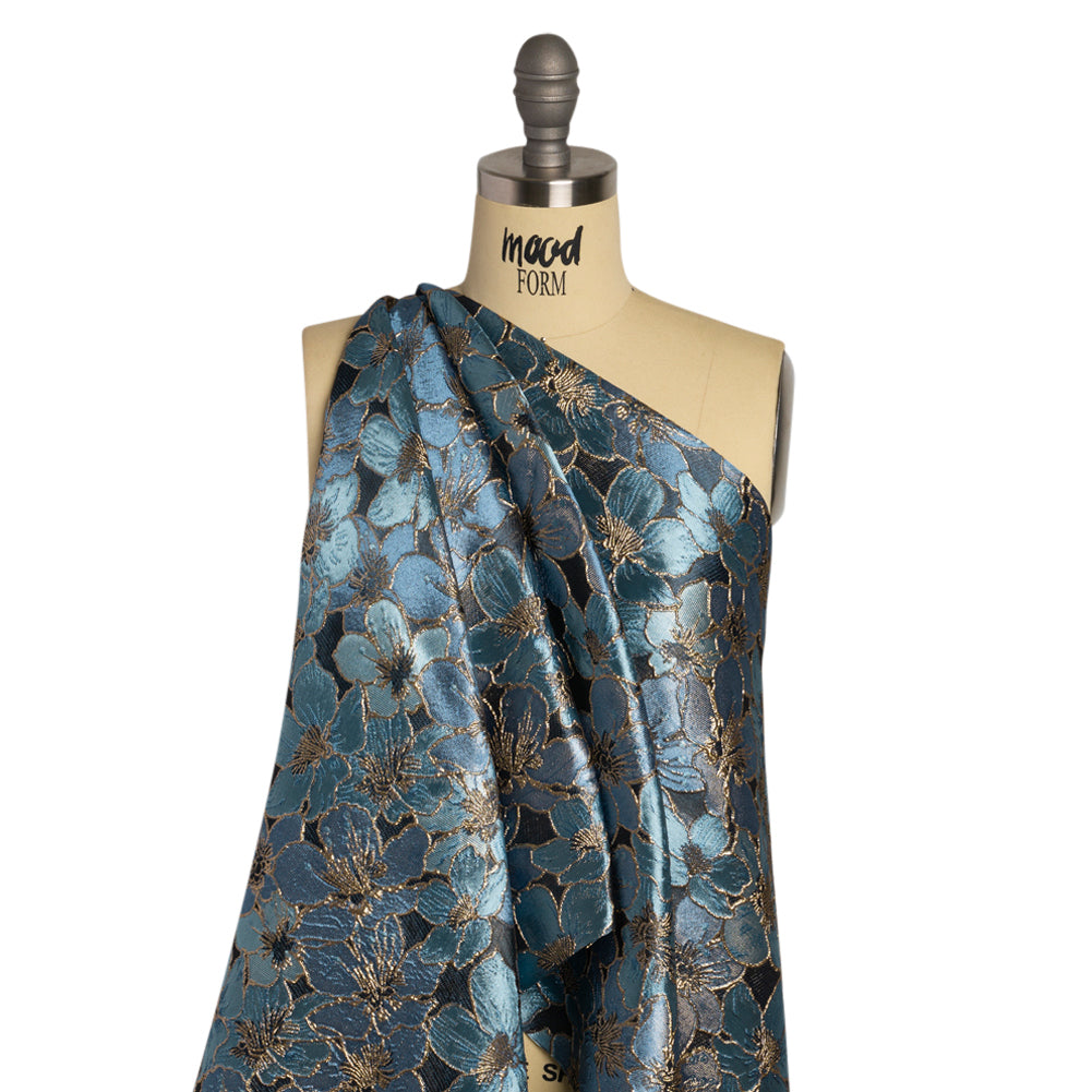 Metallic Gold, Sky and Country Blue Floral Frolic Luxury Brocade