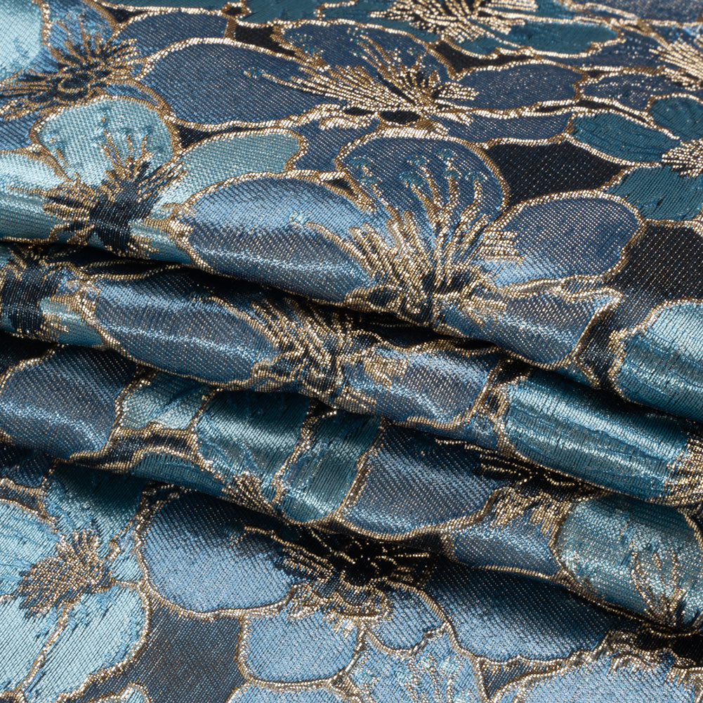 Metallic Gold, Sky and Country Blue Floral Frolic Luxury Brocade