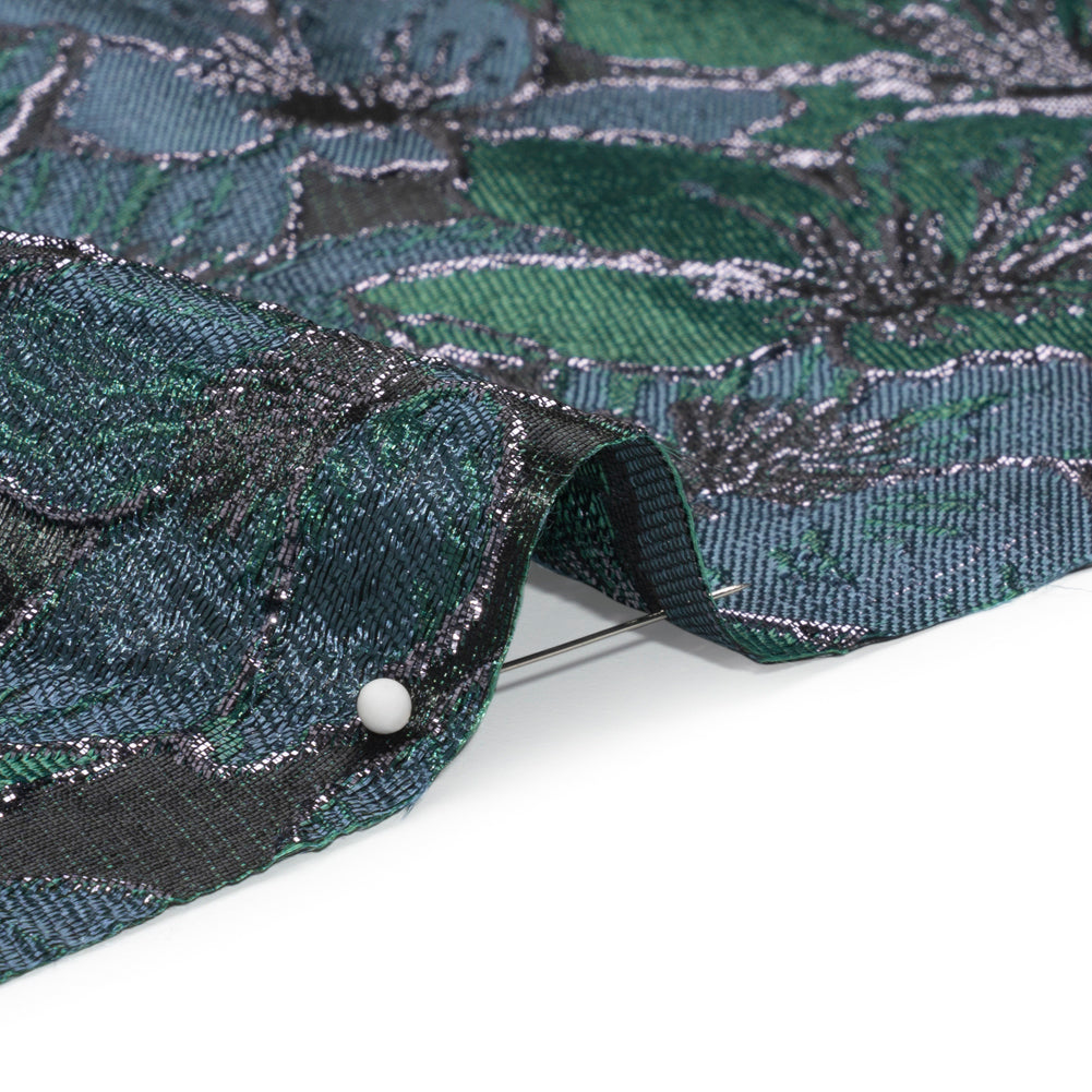 Metallic Black, Navy and Deep Green Floral Frolic Luxury Brocade