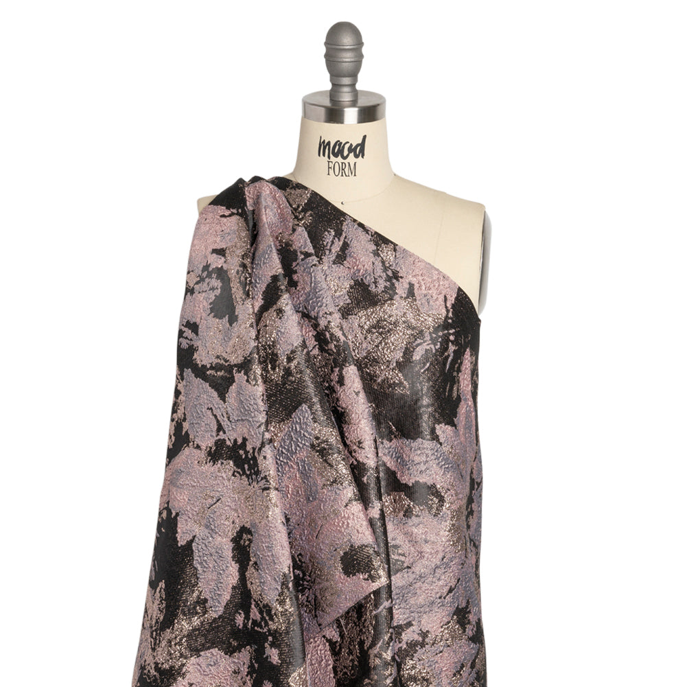 Metallic Silver, Mauve and Black Painted Flowers Luxury Brocade