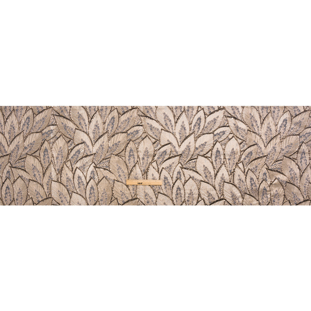Metallic Beige, Silver and Gray Decorated Feathers Luxury Brocade