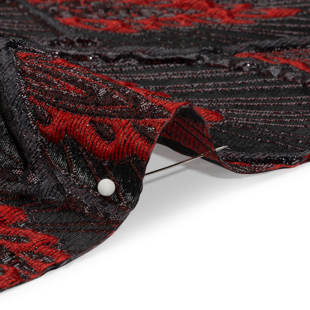 Metallic Black and Red Decorated Feathers Luxury Brocade