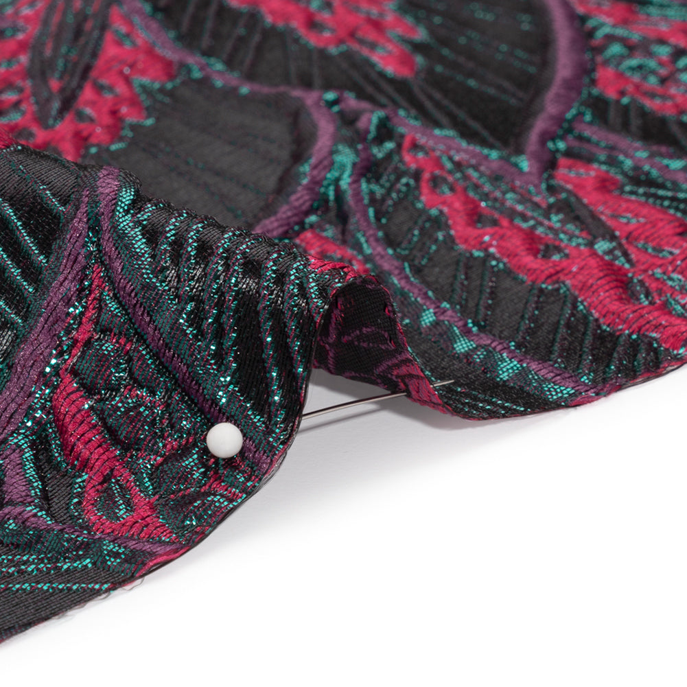 Metallic Teal, Raspberry and Black Decorated Feathers Luxury Brocade