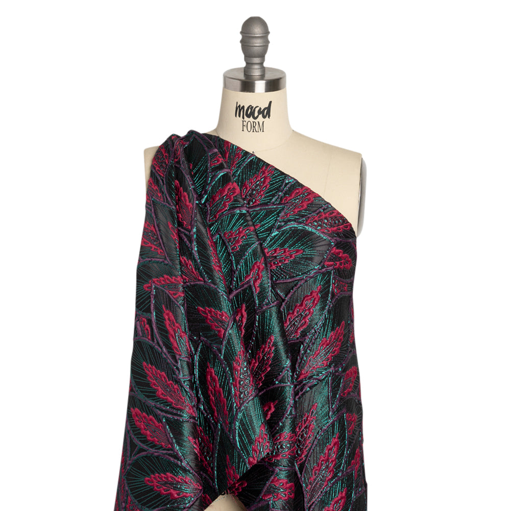 Metallic Teal, Raspberry and Black Decorated Feathers Luxury Brocade