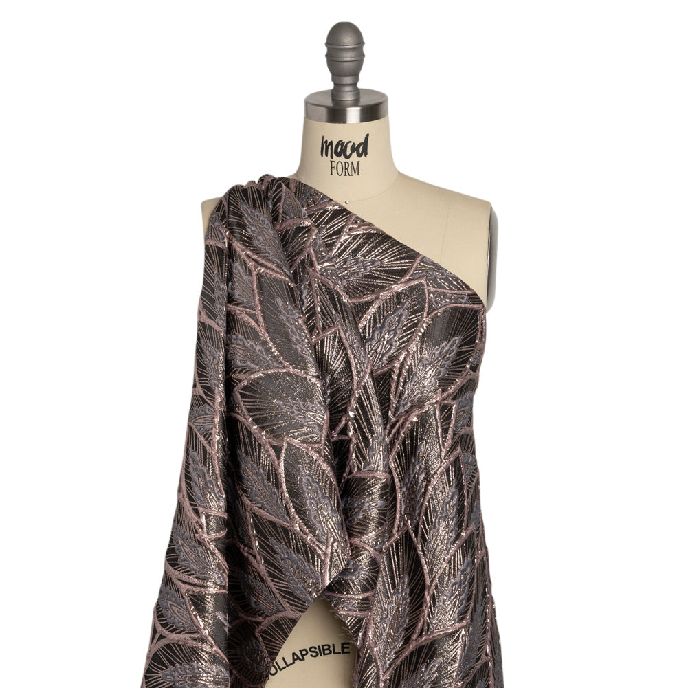 Metallic Dusty Rose, Silver and Black Decorated Feathers Luxury Brocade