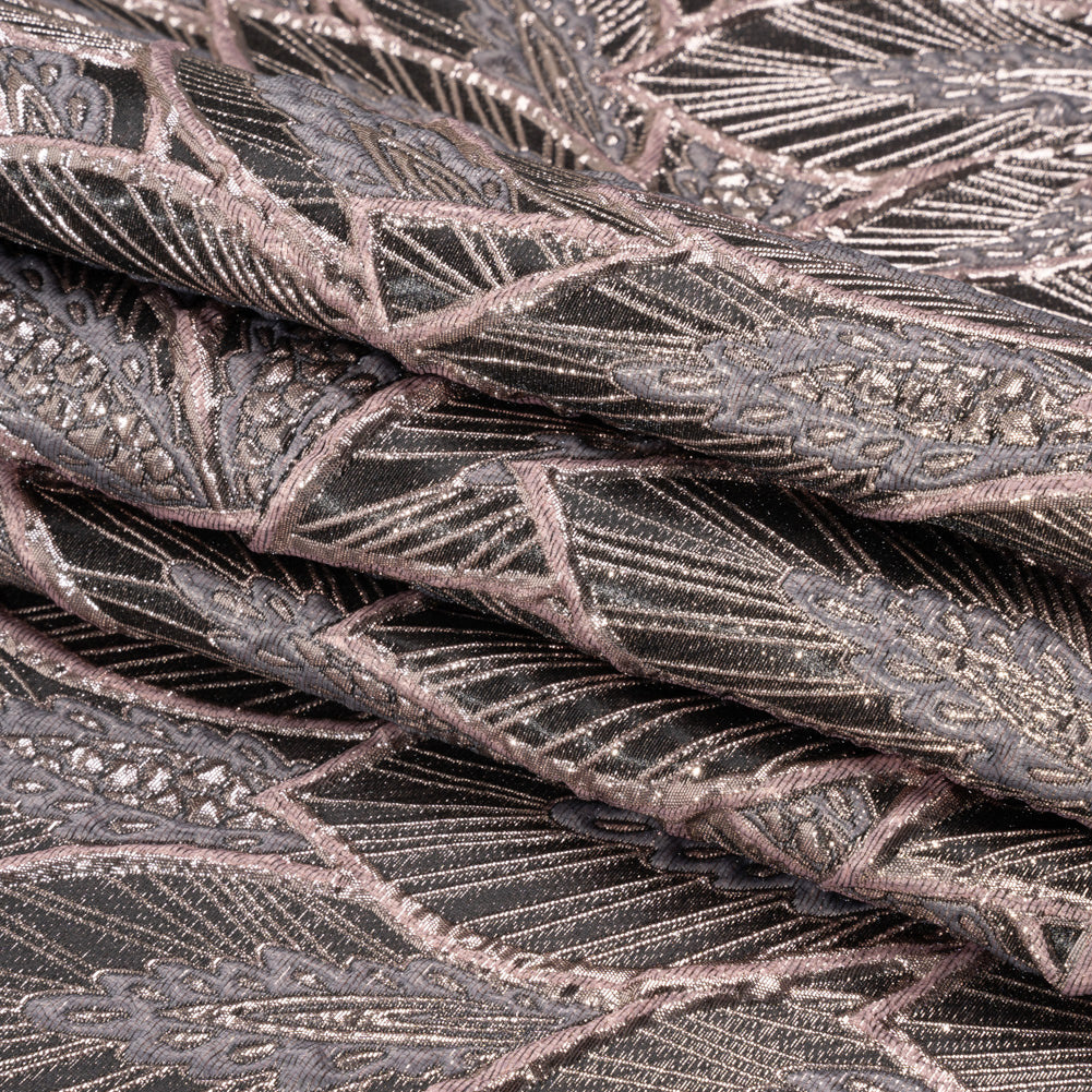 Metallic Dusty Rose, Silver and Black Decorated Feathers Luxury Brocade