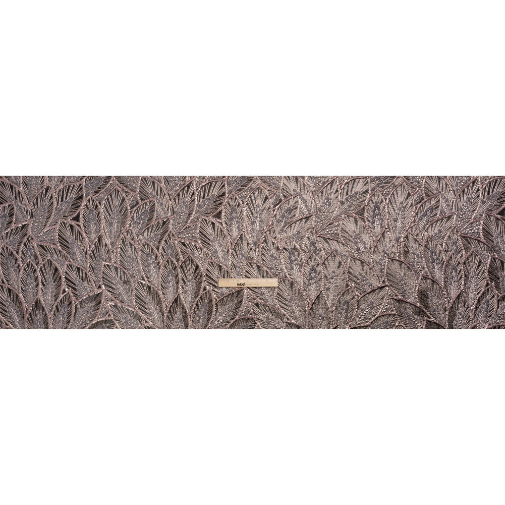 Metallic Dusty Rose, Silver and Black Decorated Feathers Luxury Brocade