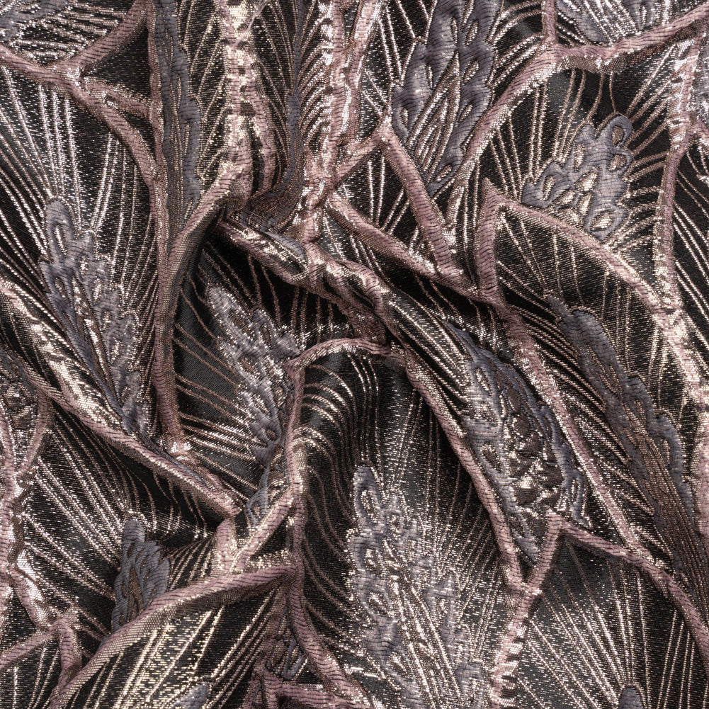 Metallic Dusty Rose, Silver and Black Decorated Feathers Luxury Brocade