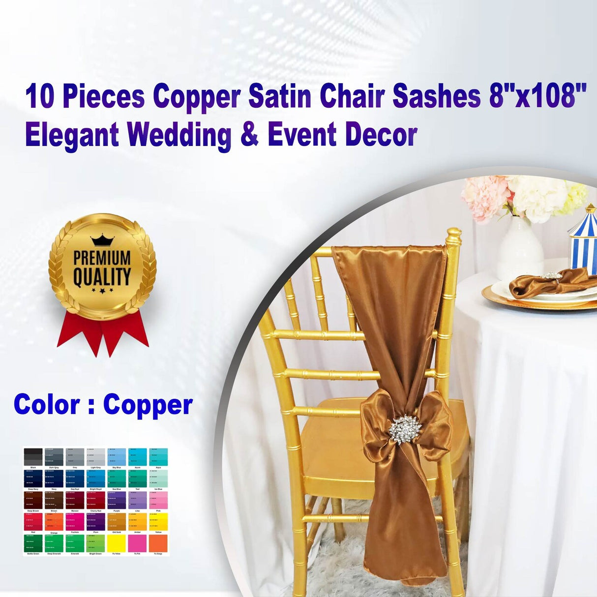 10 Pieces Copper Satin Chair Sashes 8"x108" Elegant Wedding & Event Decor