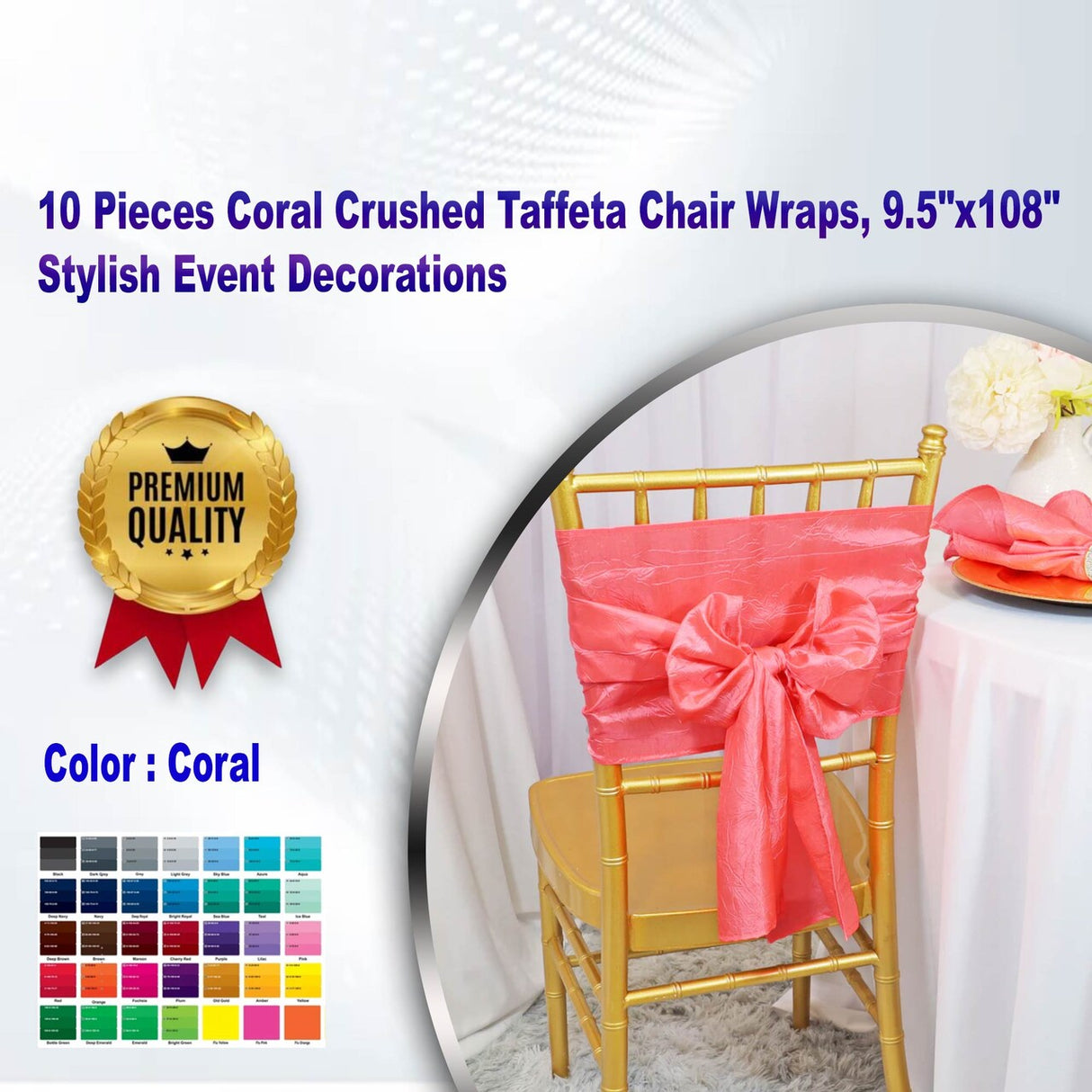 10 Pieces Coral Crushed Taffeta Chair Wraps, 9.5"x108" Stylish Event Decorations
