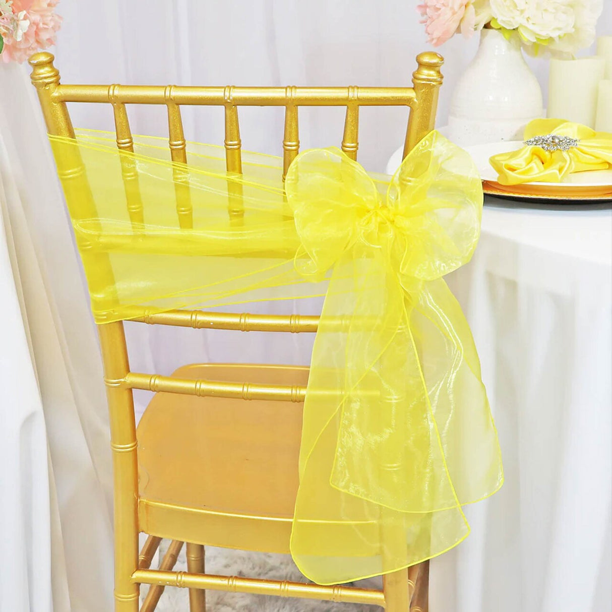 10 Pieces Canary Yellow Organza Chair Sashes 8"x108" Sheer Chair Decor for Weddings & Events
