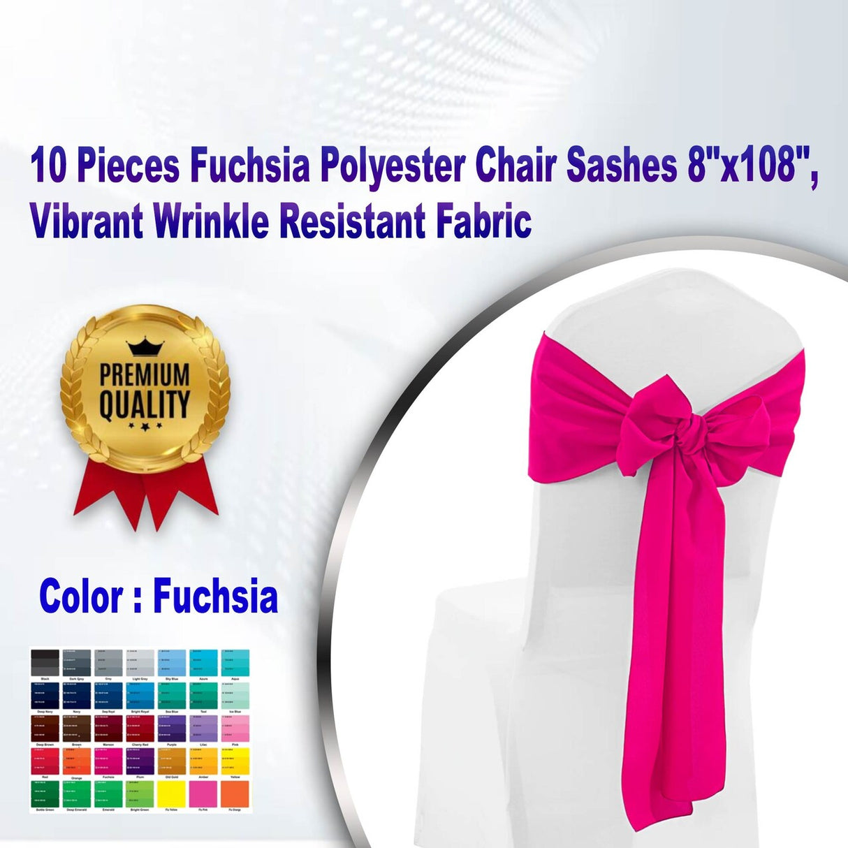 10 Pieces Fuchsia Polyester Chair Sashes 8"x108", Vibrant Wrinkle Resistant Fabric