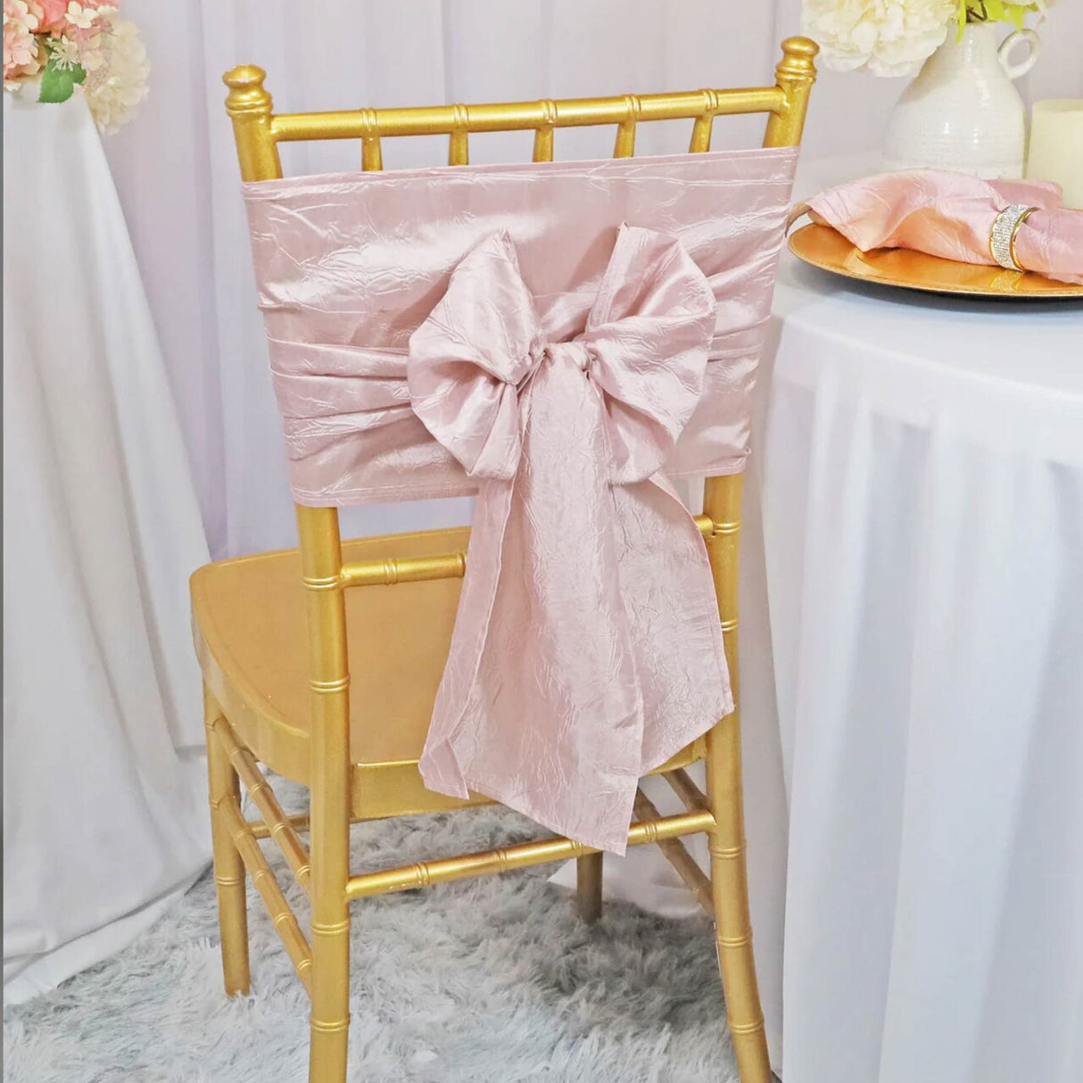 10 Pieces Blush Pink or Rose Gold Crushed Taffeta Chair Wraps 9.5"x108" Elegant Bands