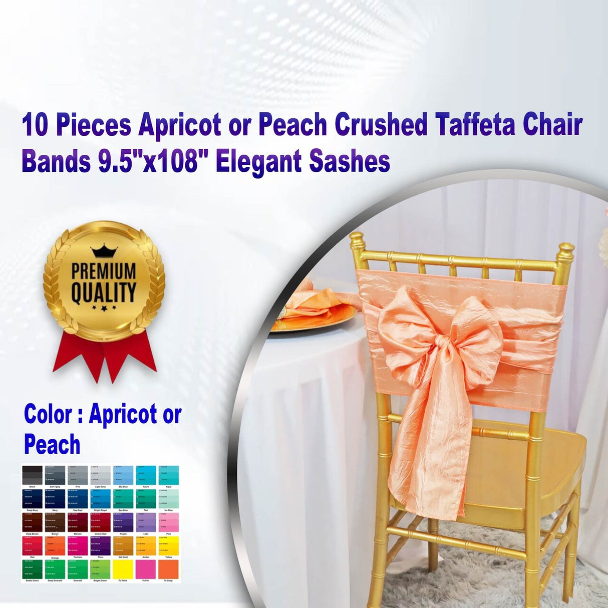 10 Pieces Apricot or Peach Crushed Taffeta Chair Bands 9.5"x108" Elegant Sashes