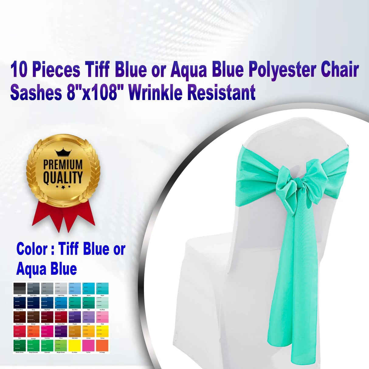 10 Pieces Tiff Blue or Aqua Blue Polyester Chair Sashes 8"x108" Wrinkle Resistant