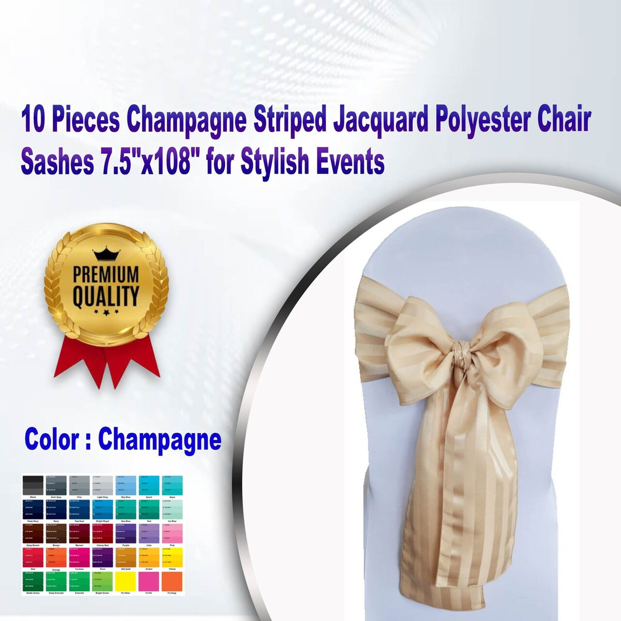 10 Pieces Champagne Striped Jacquard Polyester Chair Sashes 7.5"x108" for Stylish Events
