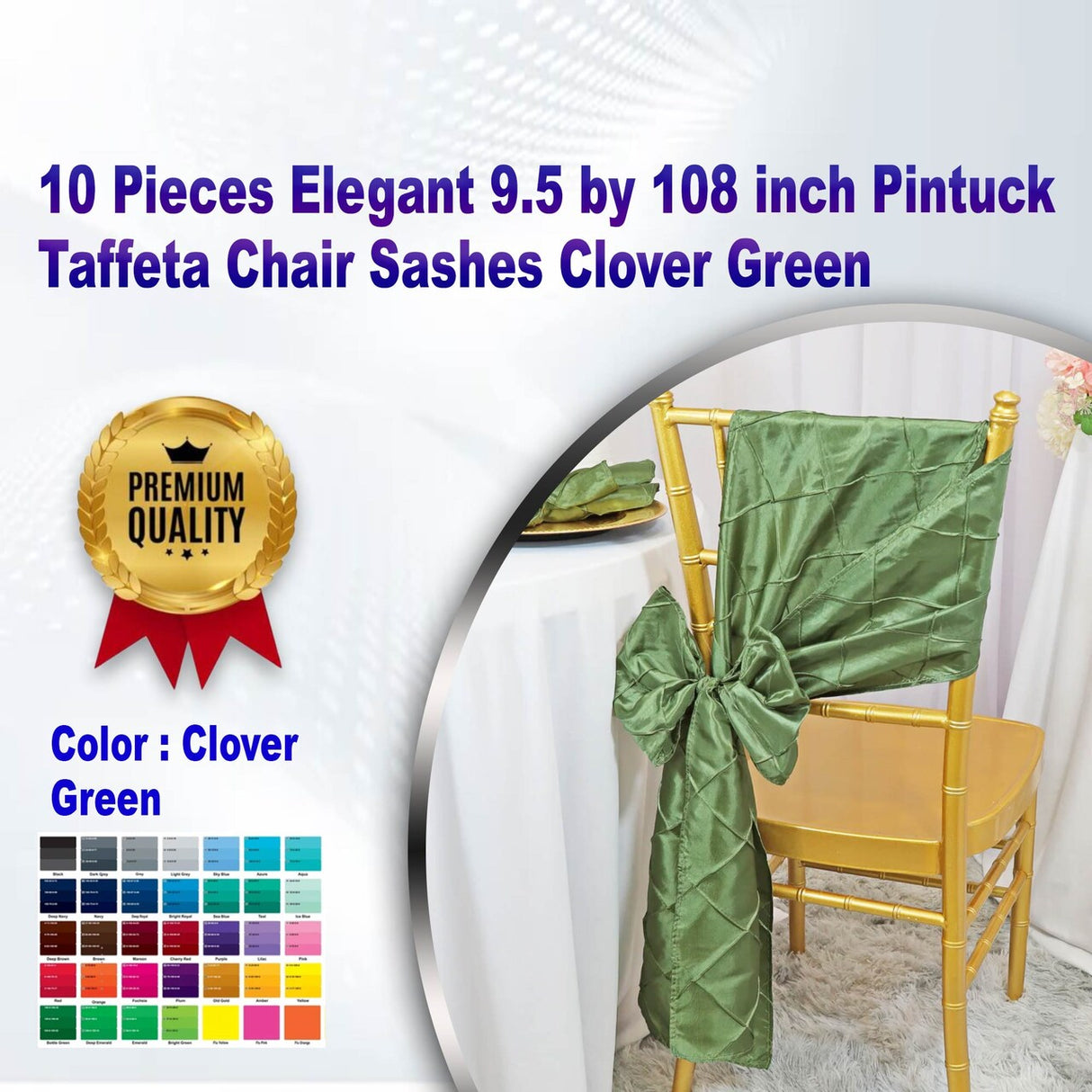 10 Pieces Elegant 9.5 by 108 inch Pintuck Taffeta Chair Sashes Clover Green