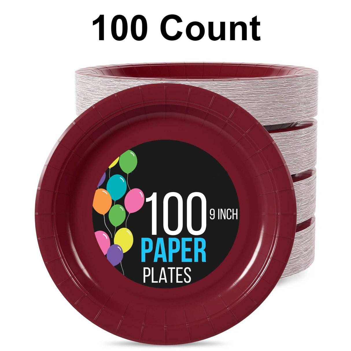 100 Count Burgundy Paper Plates 9" Disposable Party Plates for Catering Events
