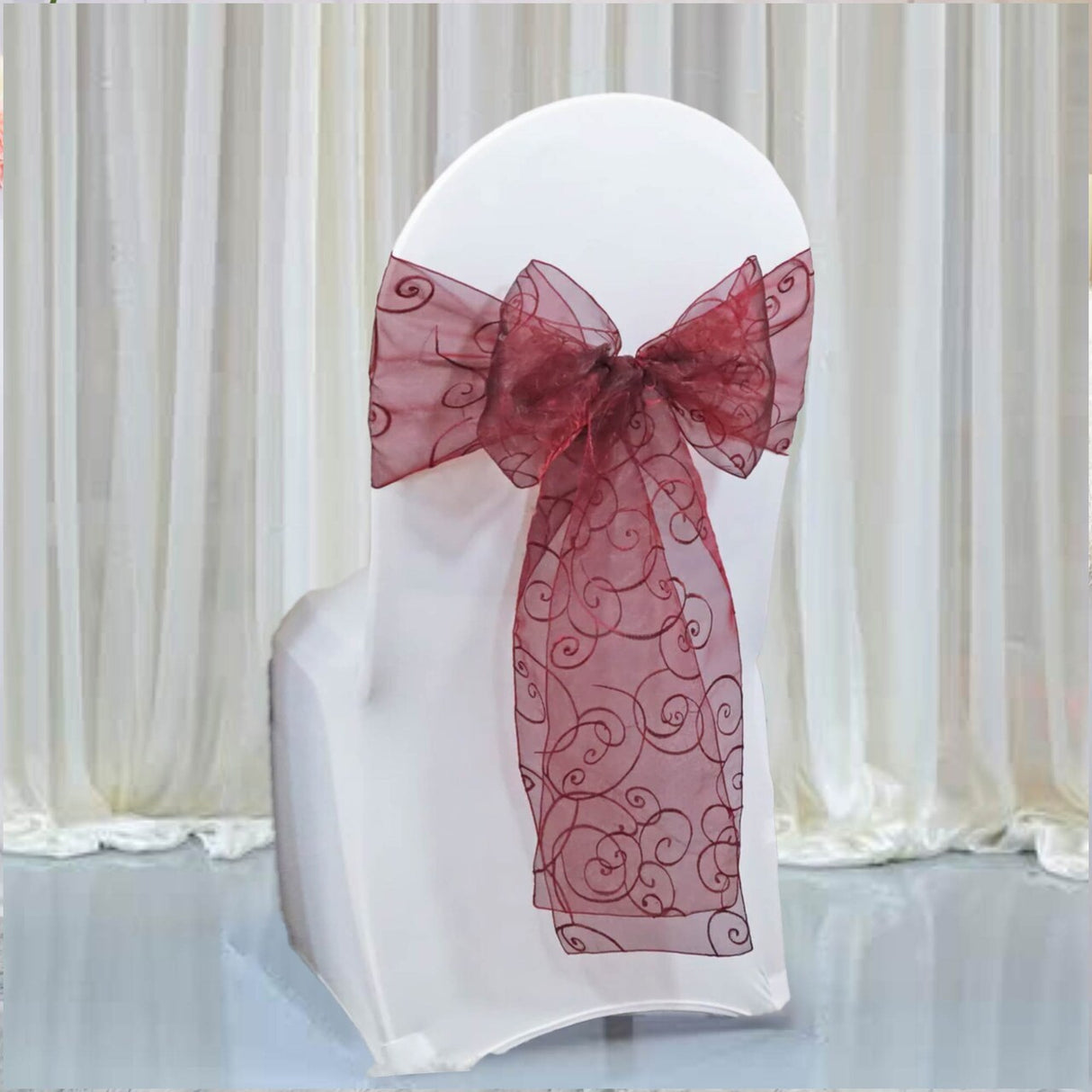 10 Pieces Burgundy Elegant Embroidered Organza Chair Sashes 8"x108" for Special Events