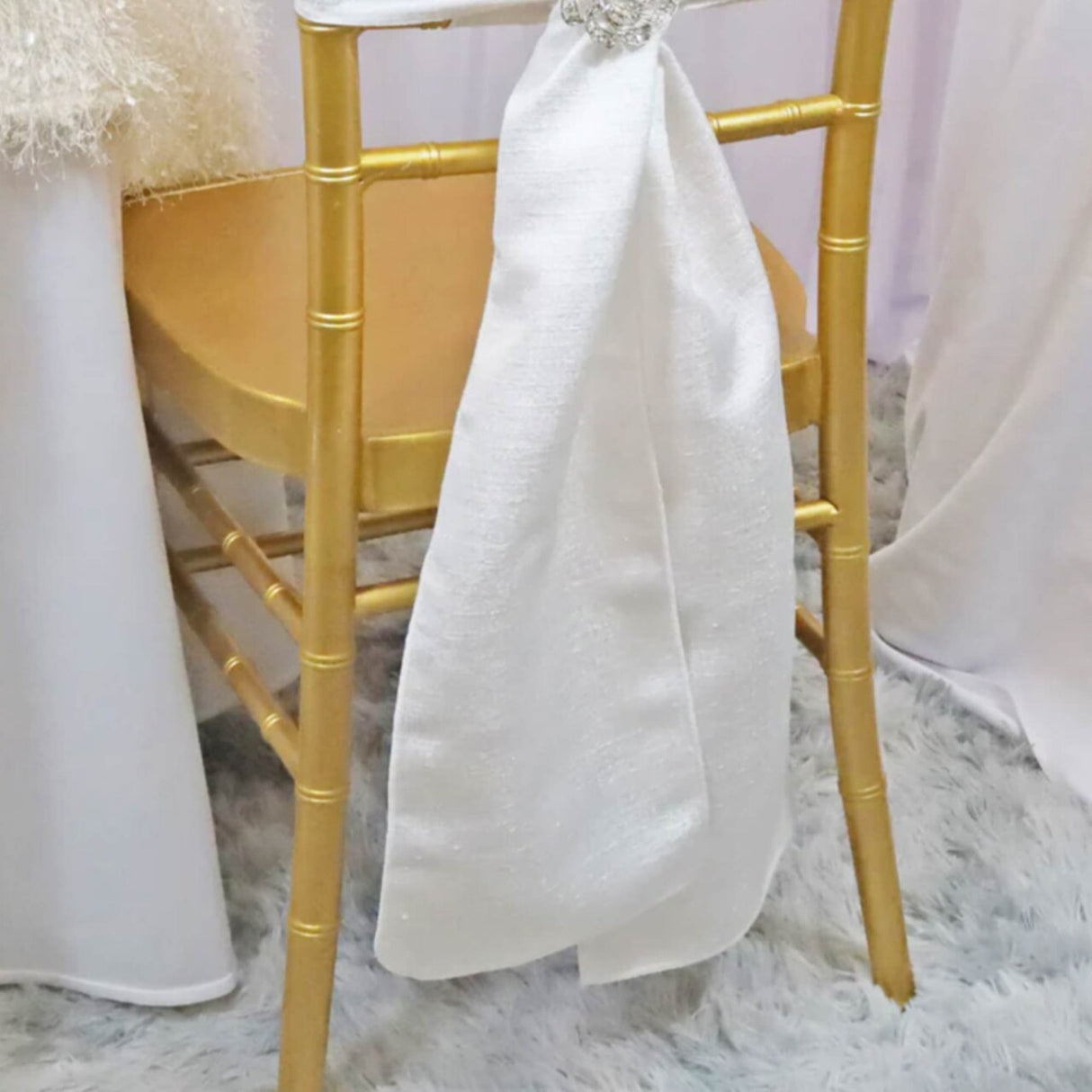 10 Pieces White Sequin Poly Flax Burlap Chair Sashes, Rustic Glam 8"x108" Decor