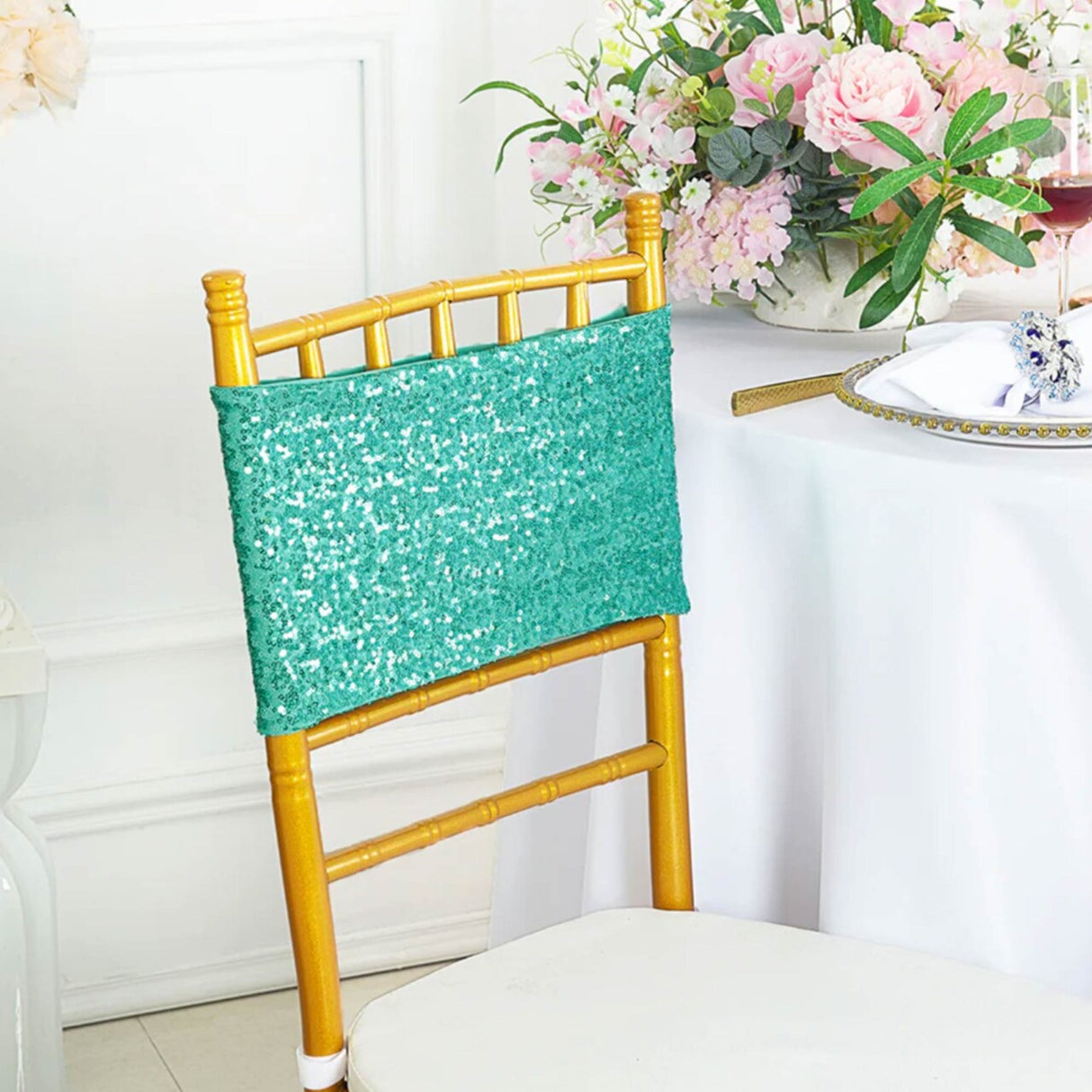 10 Pieces Sparkling Tiff Blue Or Aqua Blue Sequin Stretch Spandex Chair Bands 7 x 13 Inches