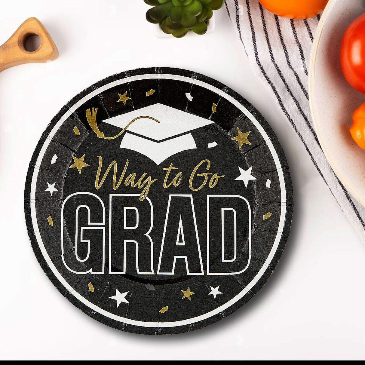 25 Count Black Way to Go Grad Disposable Paper Dessert Plates 7 1/4 Inch Party Supplies