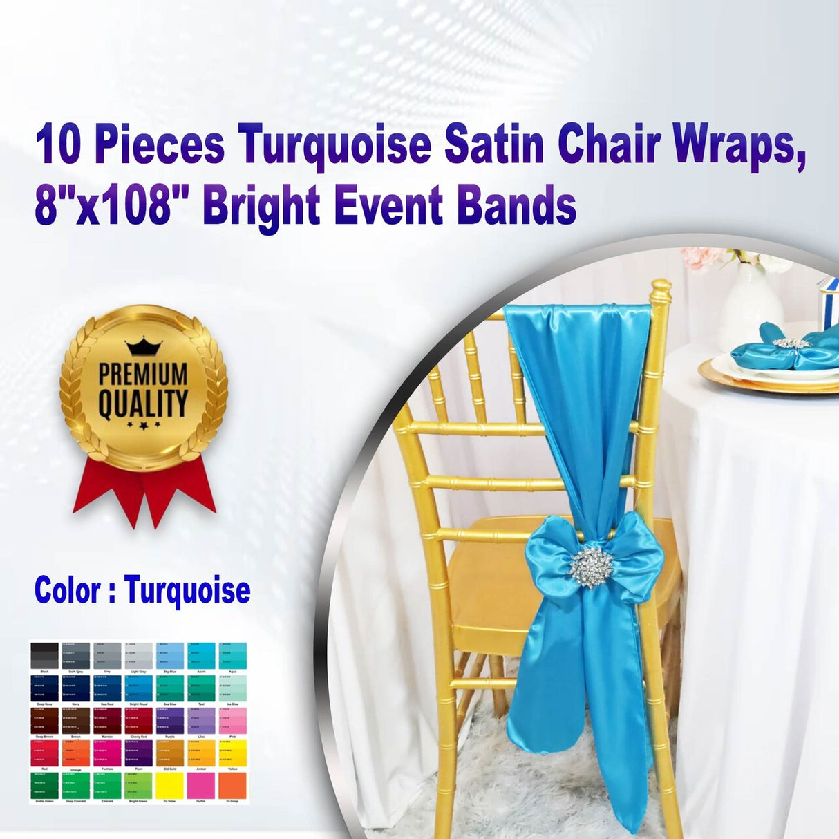10 Pieces Turquoise Satin Chair Wraps, 8"x108" Bright Event Bands