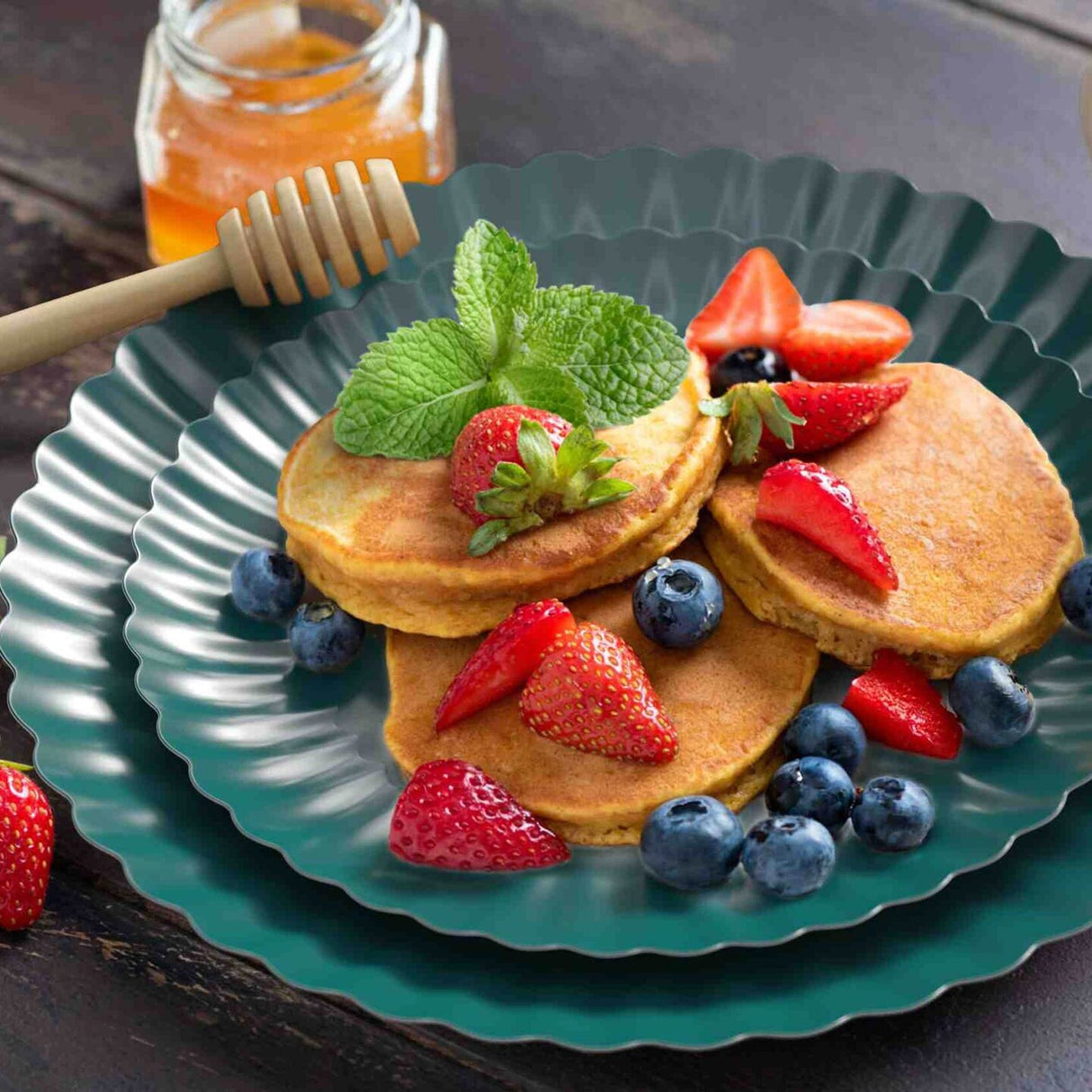 10 Count Scalloped Black Aqua Paper Plates for Party Dinner Birthday Events 10.5 Inch