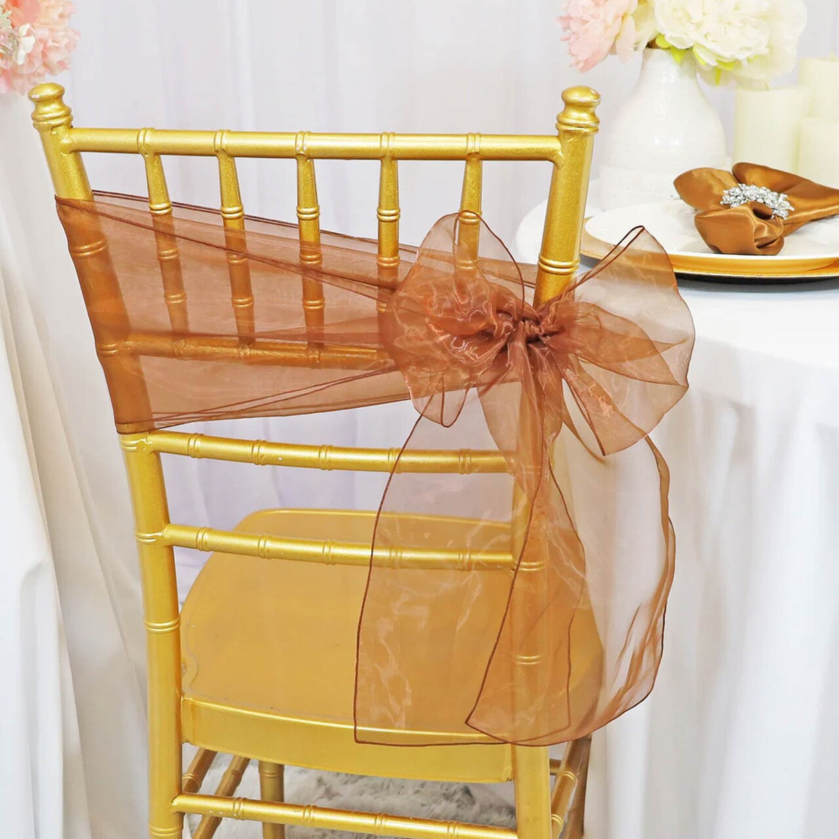 10 Pieces Copper Organza Chair Sashes 8"x108" Sheer Chair Decor for Weddings, Events & Receptions