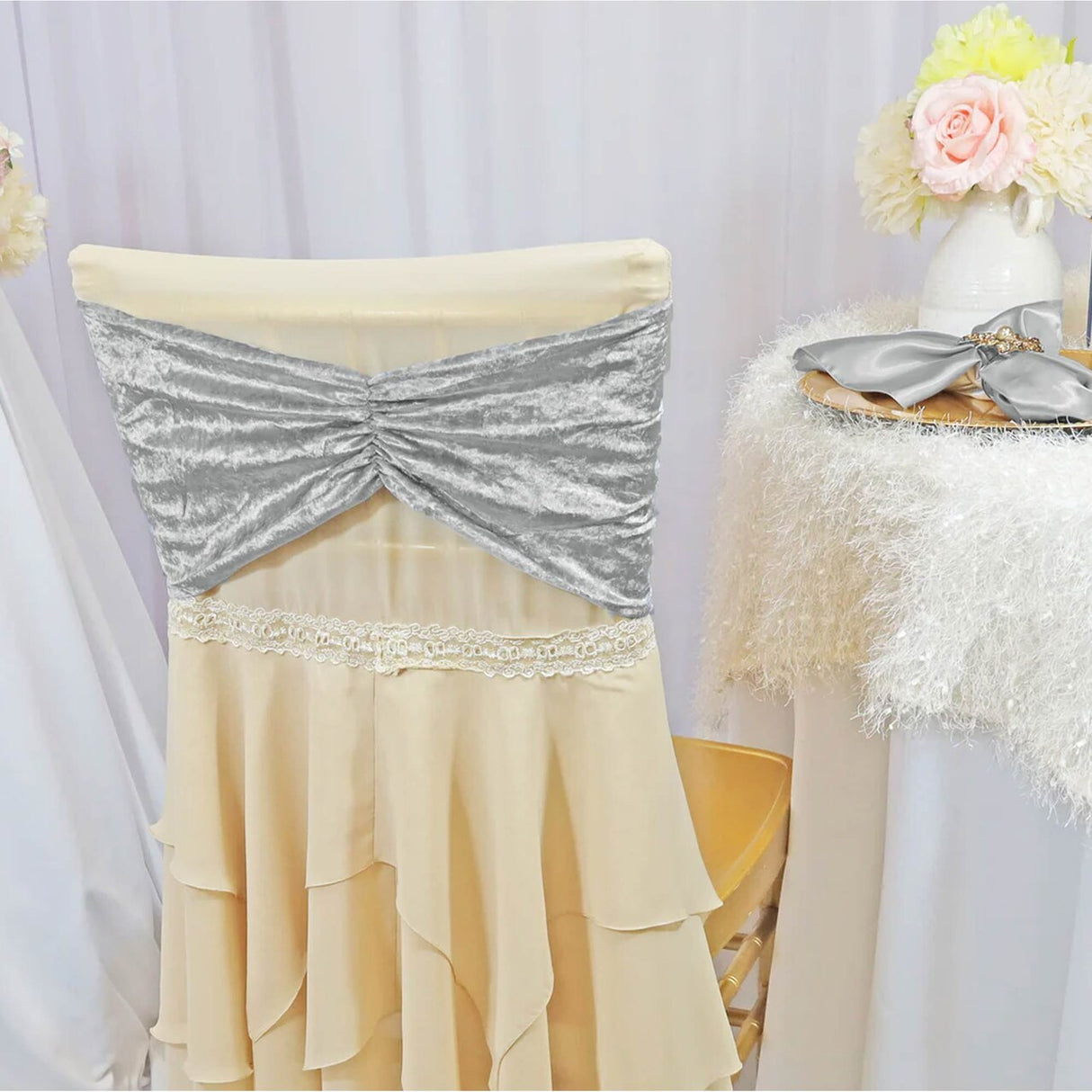 10 Pieces Silver Ruffled Ice Crushed Velvet Chair Bands for Luxurious Event Decor 8x13 inches